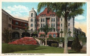 Vintage Postcard 1920's Arlington Hotel Palms Flowers Sta. Barbara California CA