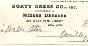 1936 NORTY DRESS CO NEW YORK NY 35th ST. MISSES DRESSES BILLHEAD INVOICE Z2503