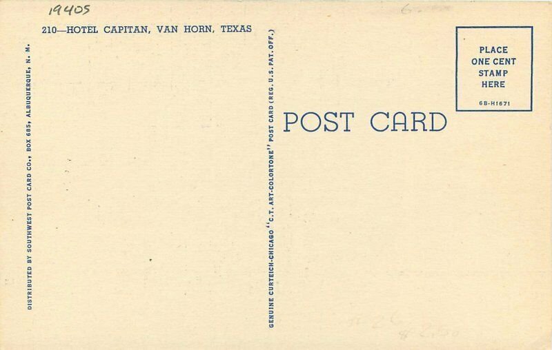 Autos Hotel Capitan Van Horn Texas roadside Southwest Teich Postcard 21-1214