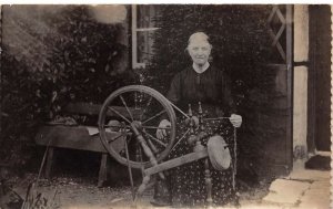 Woman with Spinning Wheel Yarn Thread Making Real Photo Postcard AA62265