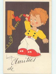 Unused Pre-Linen foreign signed FRENCH BOY USES ANTIQUE TELEPHONE J4828