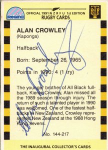 Alan Crowley Taranaki NZ Rugby Team 1991 Hand Signed Card Photo