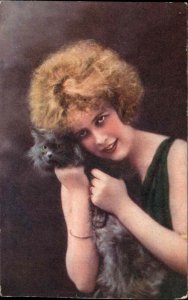 Beautiful Woman Hugs Fluffy Grey Cat Glamour c1910 Vintage Postcard