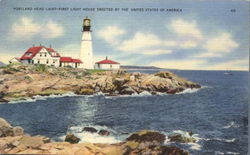 Atlantic Coast Maine Portland Head Light House - RPO Bangor & Boston 1941 Linen