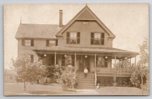 RPPC Edwardian Family On Porch Beautiful Home Riverview RI c1910 Postcard C43