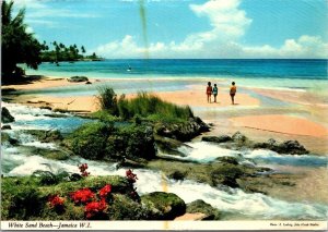 VINTAGE CONTINENTAL SIZE POSTCARD WHITE SAND BEACH JAMAICA S/SHEET POSTAGE REAR