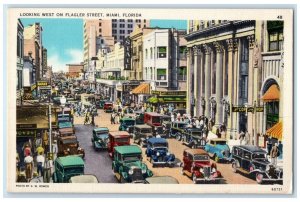 1940 Aerial View Looking West Flagler Street Classic Cars Miami Florida Postcard