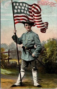 Vtg 1908 US Soldier Holding Sword Flag Brooklyn Navy Yard NY Patriotic Postcard