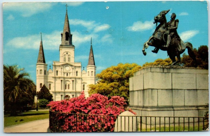 Postcard - St. Louise Cathedral and Jackson Monument - New Orleans, Louisiana 