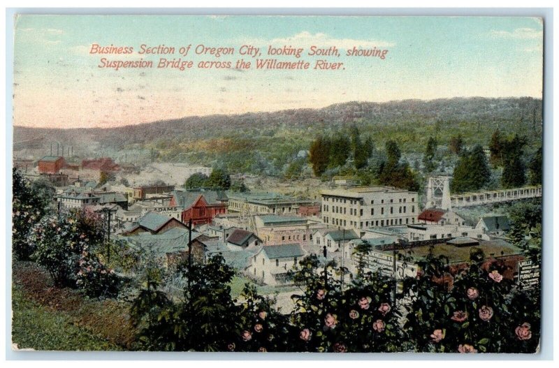 1911 Business Section Oregon City Looking South Suspension Bridge Postcard