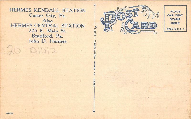 J5/ Custer City Pennsylvania Postcard Linen Hermes Kendall Gas Station  43