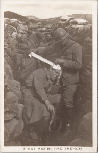 First Aid in The Trench Soldiers Wounded Military RP Made in Canada Postcard E79