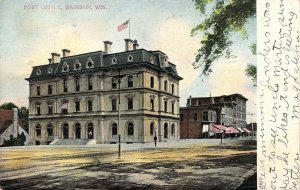 1908. Old US  Post Office, Flag, Madison, Wi., Old Postcard