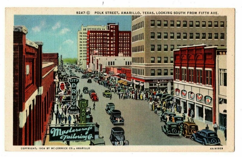 Amarillo TX Postcard Polk Street Autos Mastercraft Tailoring Rexall Drug #75374