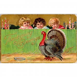 Original Antique Thanksgiving Greeting Postcard - Turkey - Children - Embossed