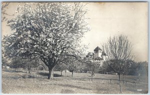 c1910s Germany RPPC Blossoming Fruit Tree Church Tower Orchard Spring Scene A337
