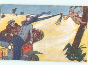 Pre-Linen Comic MONKEY GRABS WOMAN'S SCARF AS SHE DRIVES BY AB8343