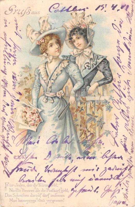 US2478 Gruss aus, Ladies in Dress Postcard art nouveau fantasy litho