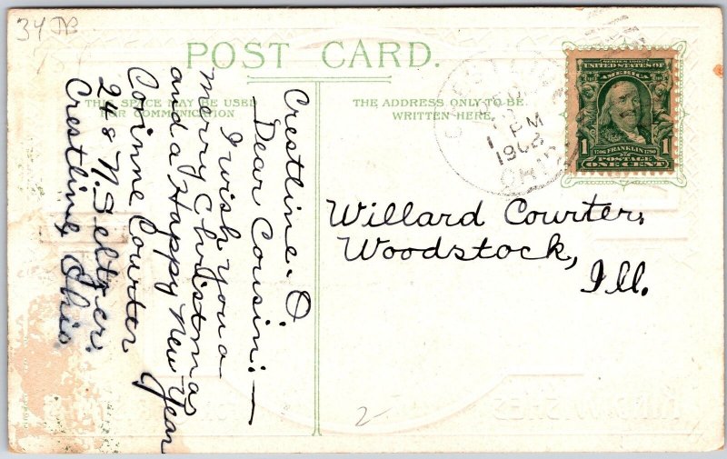 1908 Kind Wishes For Christmas Windmill & Holy Leaf Cherry Posted Postcard