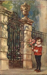 Italy Little Italian Boy with Roses Buon Onomstico c1910 Vintage Postcard