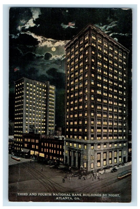 Third And Fourth National Bank Building By Night Moon Atlanta GA Postcard