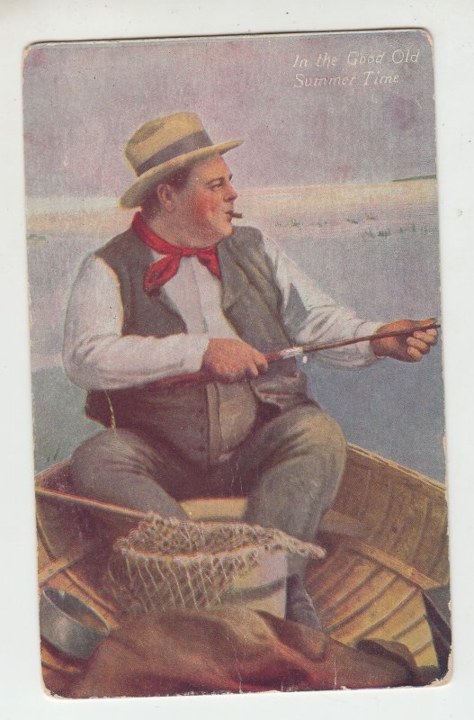 P2372,  postcard 1908 postcard a happy man fishing in the good old summer time