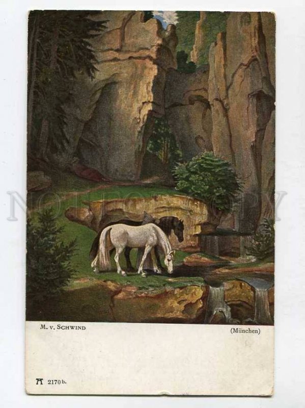 3076549 Hermit watering HORSES by SCHWIND vintage Color PC