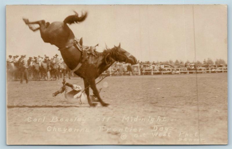  Postcard WY Cheyenne Frontier Days Rodeo Carl Beasley Thrown Off Photo RPPC B9