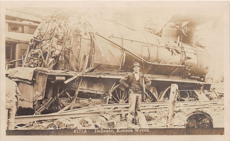 F10/ Dellvale Kansas RPPC Postcard c1920 Railroad Wreck Disaster