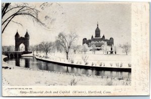 Hartford Connecticut Memorial Arch and Capitol in Winter Undivided back postcard