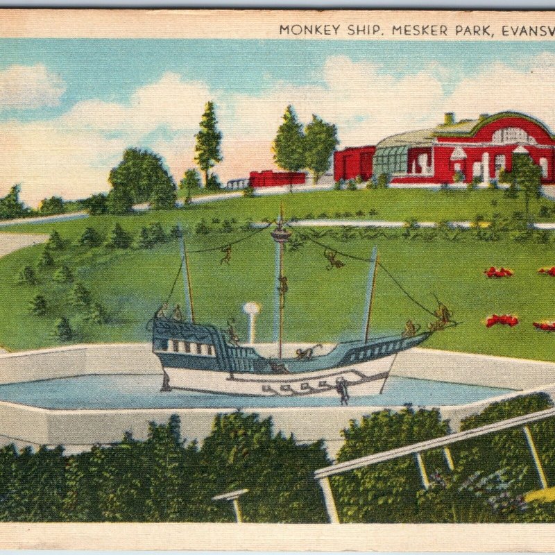 c1940s Evansville, IN Monkey Ship Mesker Park Art Tone Glo-Var Linen Ind PC A252