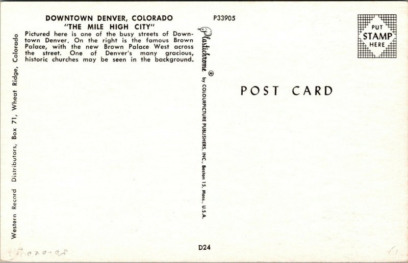 Vtg 1950s Downtown Denver Street View Brown Palace Church Colorado CO Postcard