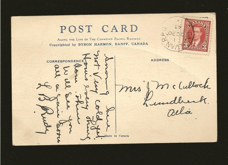 Canada Postmark 1943 CALXVAN RPO Banff Lake Louise CPR Byron Harmon Postcard