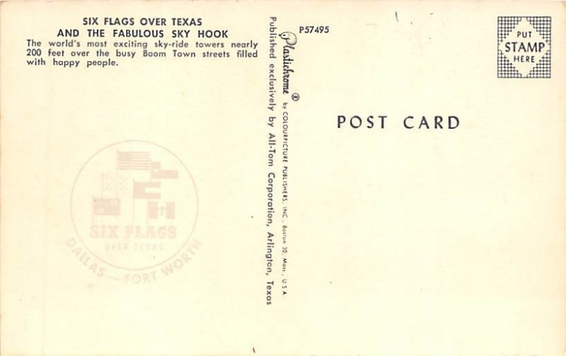 Six Flags over Texas and the Fabulous Sky Hook View Postcard Backing 