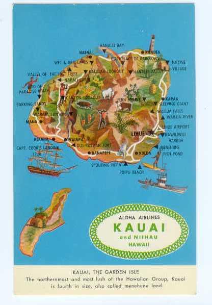 Aloha Airlines Map Card of Kauai & Niihau Hawaii HI