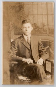 RPPC Worcester MA Handsome Young Man Studio Photo Postcard Y27