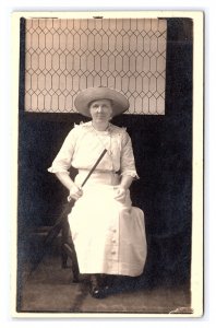 Woman In Long Dress & Hat Holding Umbrella Real Photo Postcard