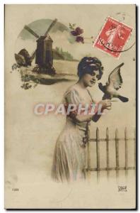 Old Postcard Moulin wind Woman