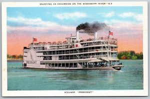 Vtg Excursion Steamer Ship President On The Mississippi 1930s View Postcard