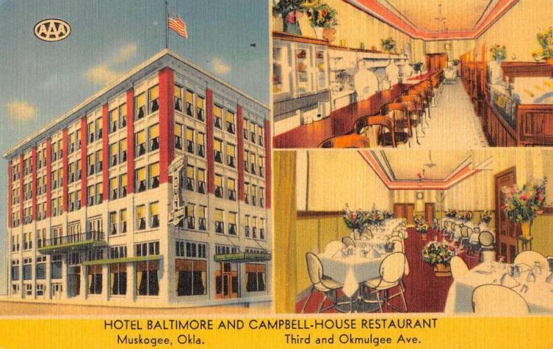 Muskogee Oklahoma Hotel Baltimore Multiview Linen Antique Postcard K21922