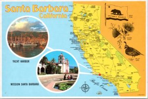 Postcard California Map - Santa Barbara Yacht Harbor and Mission