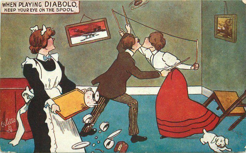 C-1910 Couple playing Diabolo  Comic Humor Tuck Postcard Oilette 3340