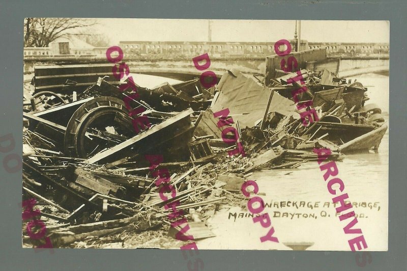 Dayton OHIO RPPC c1910 FLOOD Flooding Scene WRECKAGE AT BRIDGE River Debris