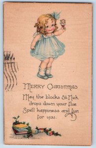 Signed Artist Postcard Christmas Little Girl Doll Blocks Toys San Diego CA 1921