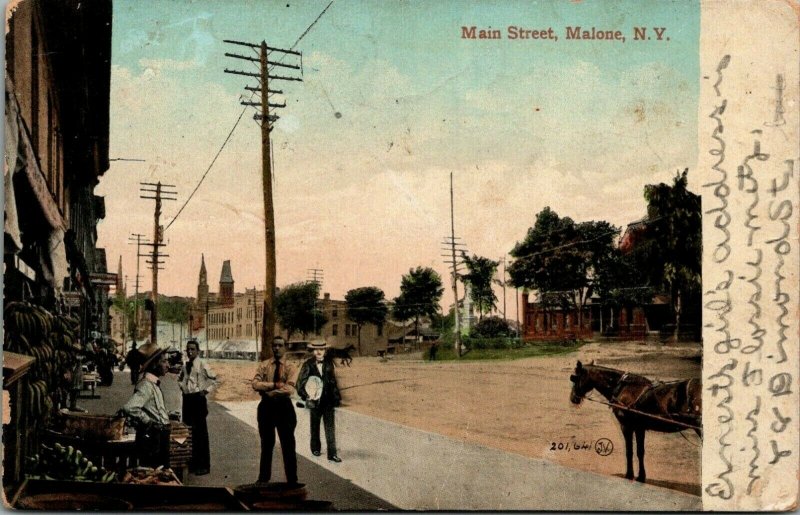 Malone New York~Main Street~Sidewalk Clerk Fruit Sales~Bananas~Monument~1910 