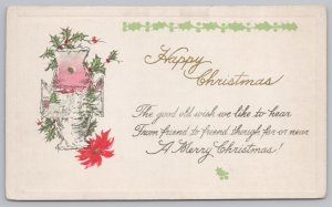 Holiday~Happy Christmas Poem~Poinsettia & Holly~Wintry Scene~Vintage Postcard