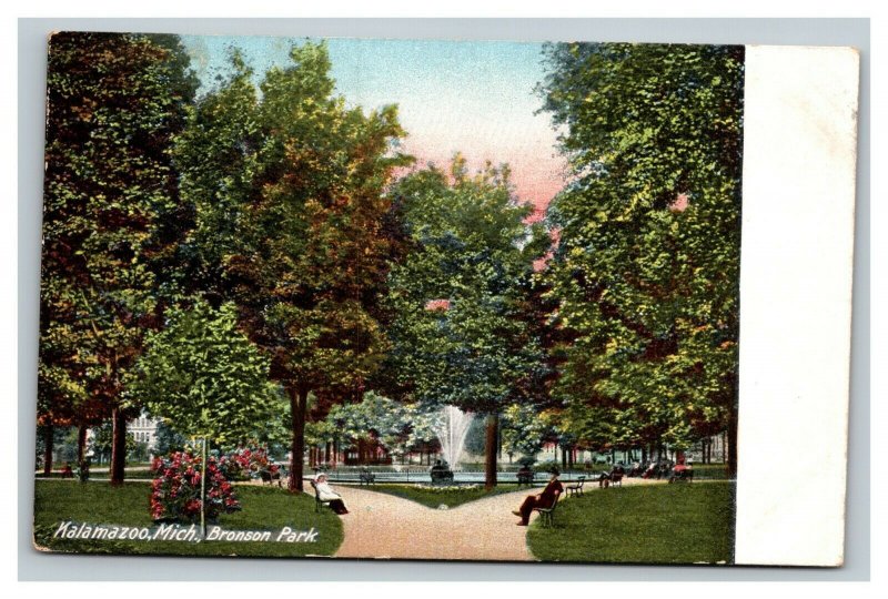 Vintage 1910's Postcard Bronson Park Garden & Fountain Kalamazoo