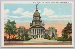 State View~State Capitol & Abe Lincoln Statue Springfield IL~Vintage Postcard
