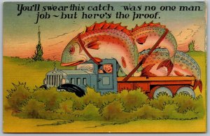 Angola Indiana 1943 Comic Postcard Giant Exaggerated Fish Back Of Truck