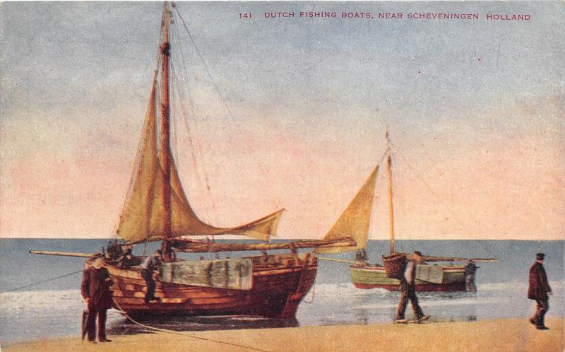 Scheveningen Holland~Dutch Fishing Boats Along Shore~c1910 Postcard